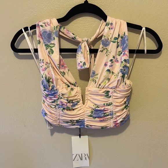 Zara Floral Halter Crop Top - Pink and Blue - Picture 2 of 3